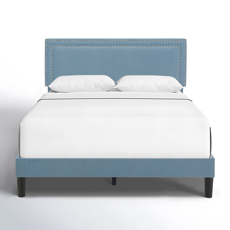 Lit plateforme tapissier pleine grandeur en velours bleu clair avec tête de lit réglable, cadre de lit moderne avec lattes de bois, aucun sommier requis