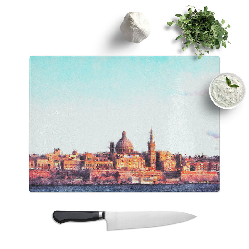 Tempered Glass View of Valletta in Malta Painting Chopping Board, 20 cm x 28.5 cm