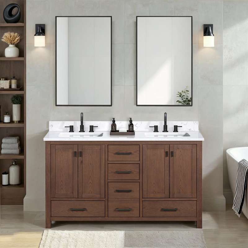 Meuble-lavabo double 60 po avec plateau Souther, Blanc cala, Noir, Chêne moka
