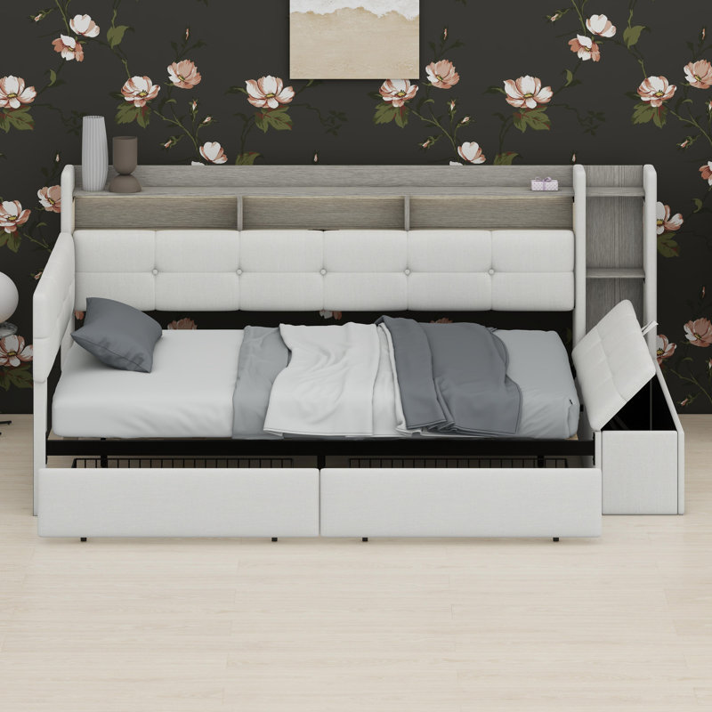 Multifunctional Upholstered Daybed with Shelves and USB Ports, Beige