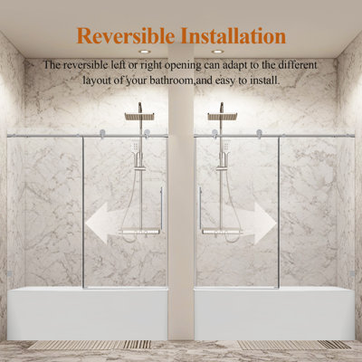 Porte de douche coulissante simple sans cadre l 56 à 60 po x H 60 po, verre trempé 5/16 po, chrome, fermeture en douceur