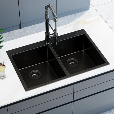 33'' L Ture Black Double Bowl Kitchen Sink W/ Pull-out Faucet  16 Gauge Stainless Steel Drop In Sink