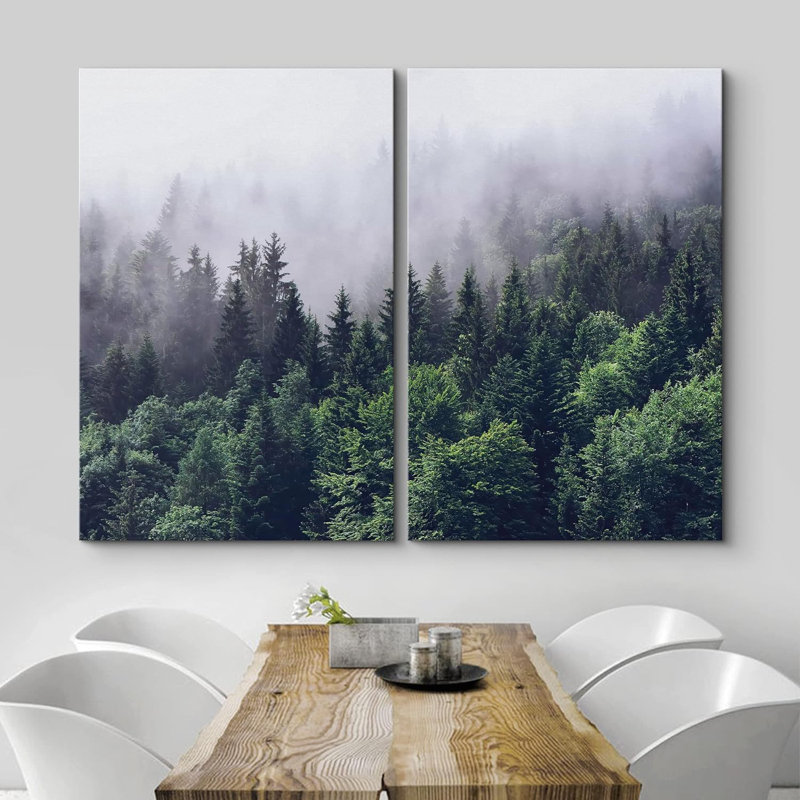 Brume et brouillard, pin vert, forêt, paysage naturel, impression sur toile, 2 pièces, Toile tendue