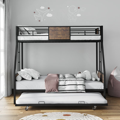 Twin Over Full Bunk Beds with Trundle, Ideal for Kids' Rooms, Featuring Safety Guardrails, Two Ladders, Sturdy Frame and Support Boards