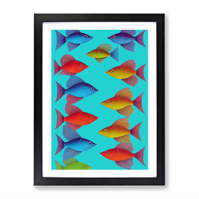 School Of Fish Vol.3 - Single Picture Frame Print, Walnut, 64cm H x 46cm W x 2cm D