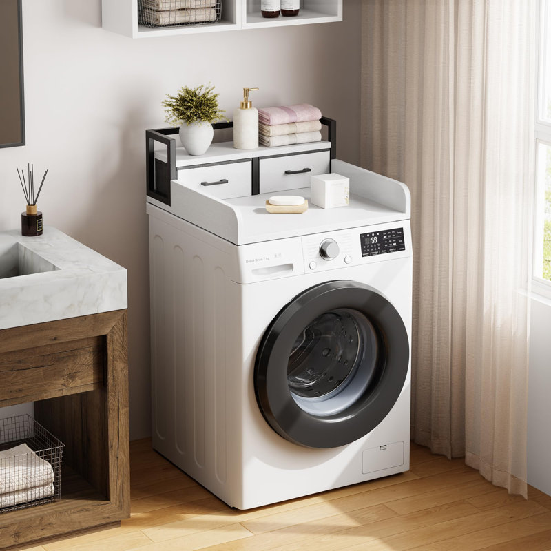 2-Tier Washer Dryer Countertop with Shelf and Drawers, Laundry Topper with Guardrails and Non-Slip Pads for Washer, Dryer, and Laundry Room Organization