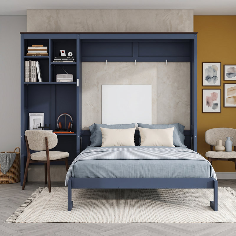 Grand lit escamotable en bois avec bureau et tablettes, Blue