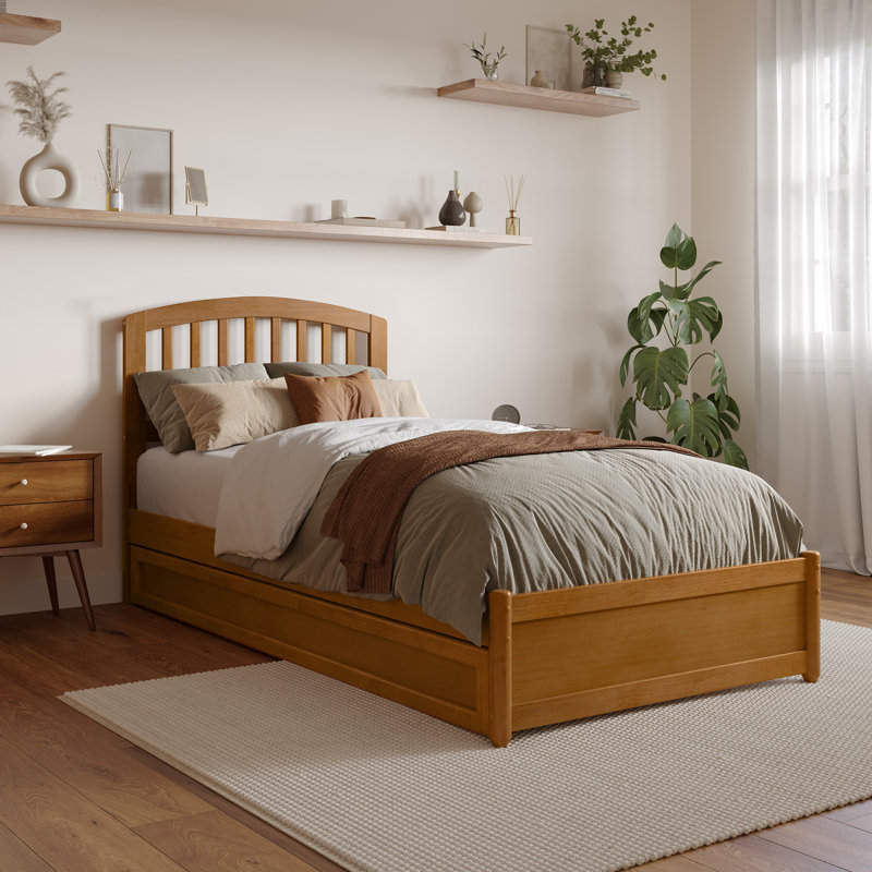 Lamari Solid Wood Platform Bed with Footboard & Roll Out Trundle Bed, Twin XL, Light Toffee