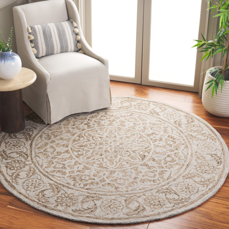 Loujain Hand Tufted Wool Cotton Floral Rug in Brown/Light Blue, Round 6'