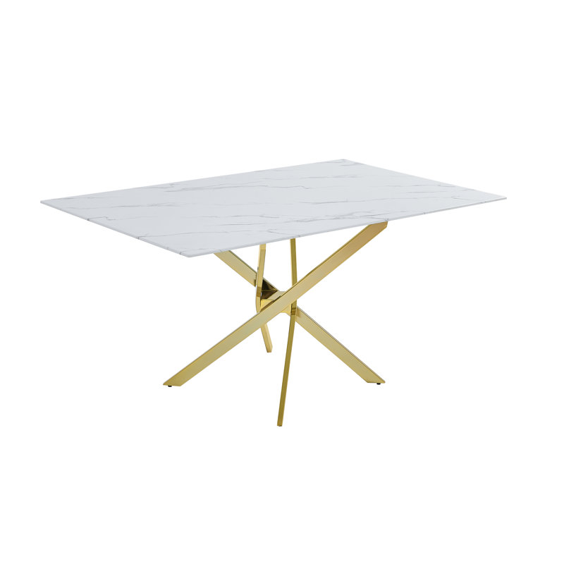 60" x 38" Glass With White Marble Design Dining Table