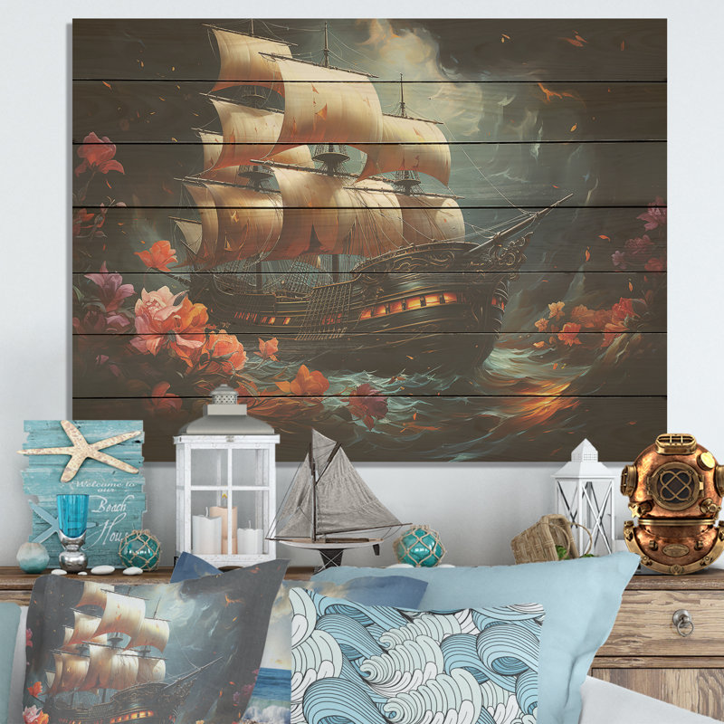 Pirate Ship Nightly Voyage II - Pirate On Wood Print, 10" H x 20" W x 0.78" D