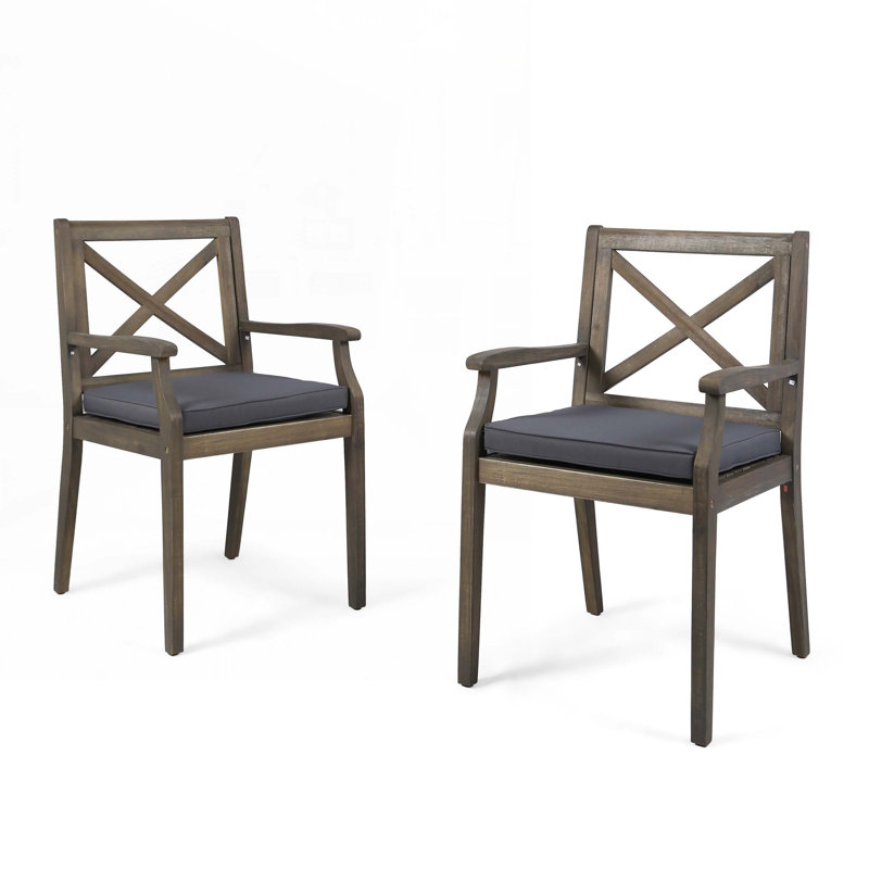 Gray Acacia Wood Outdoor Dining Chairs with Cushions, Set of 2