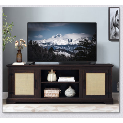 Farmhouse Rattan TV Stand Console Table with 2 Storage Shelves and 2 Natural Rattan Door Cabinets, Ideal for TVs up to 70 Inches, Espresso Finish