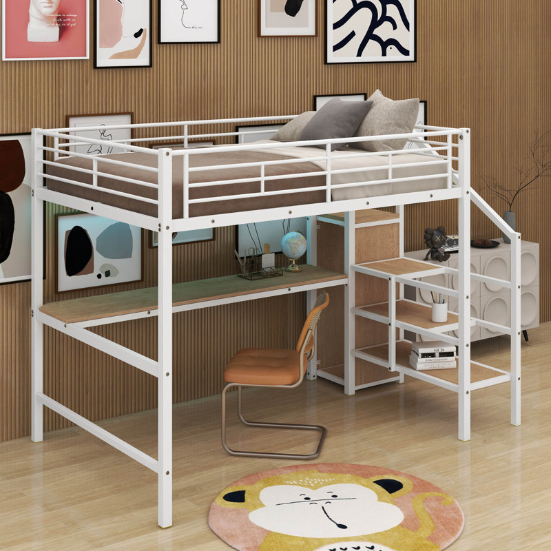 Full Size Metal Loft Bed With Desk And LED Light, White