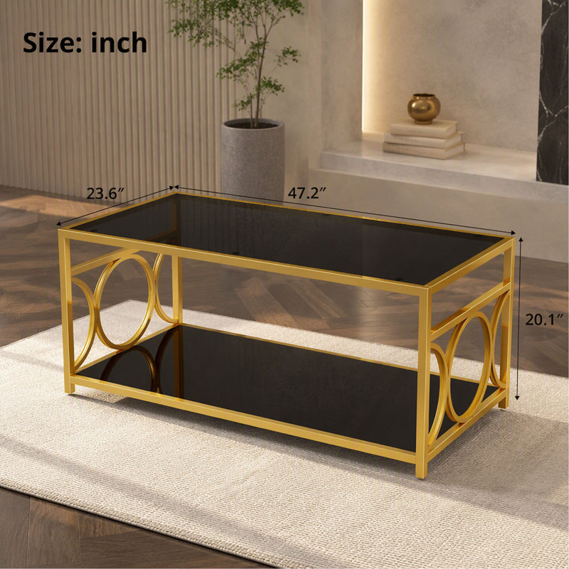 Table basse en verre de luxe moderne avec structure en métal, table basse rectangulaire avec tablette de rangement inférieure, table de centre Art déco pour le salon
