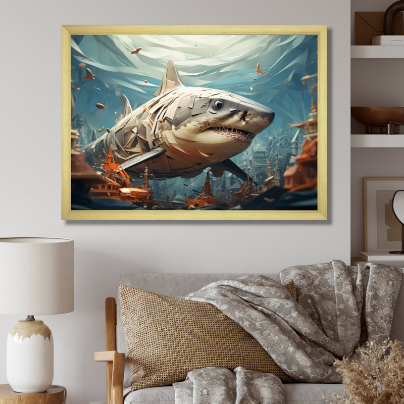 " Shark Coastal Guardian ", 34" H x 44" W x 1.5" D, Gold Single Picture Framed