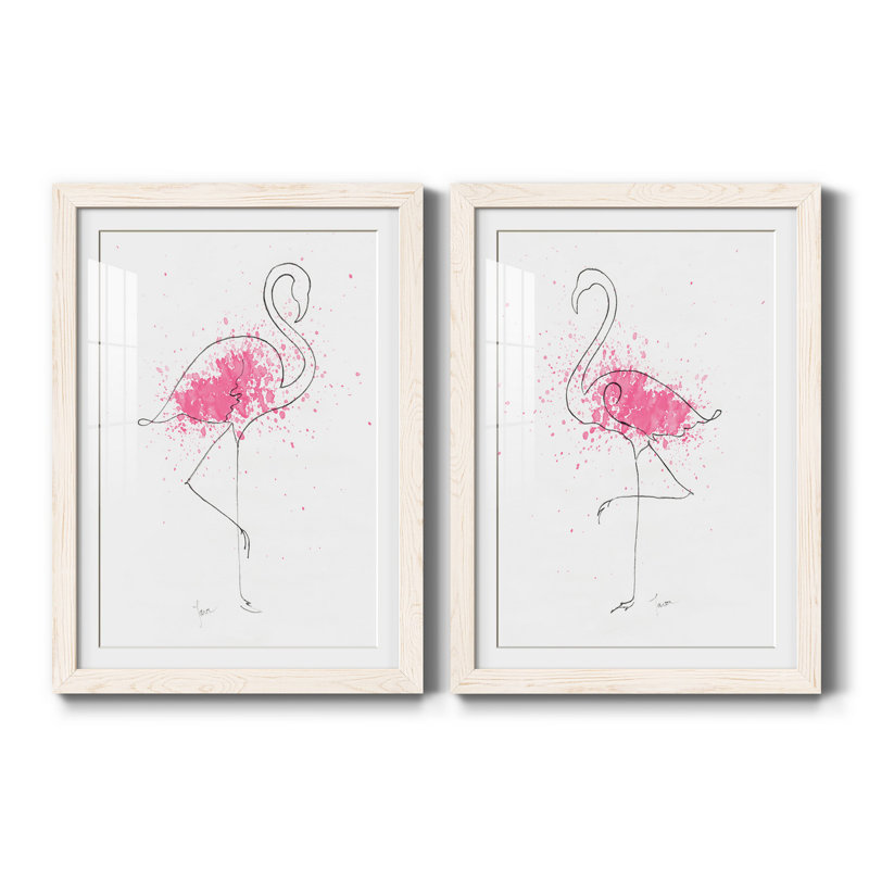 Flamingo Splash I - ensemble de 2 reproductions d'art, H 37,5 po x l 55 po x P 1,5 po, Papier encadré blanc, Blanc