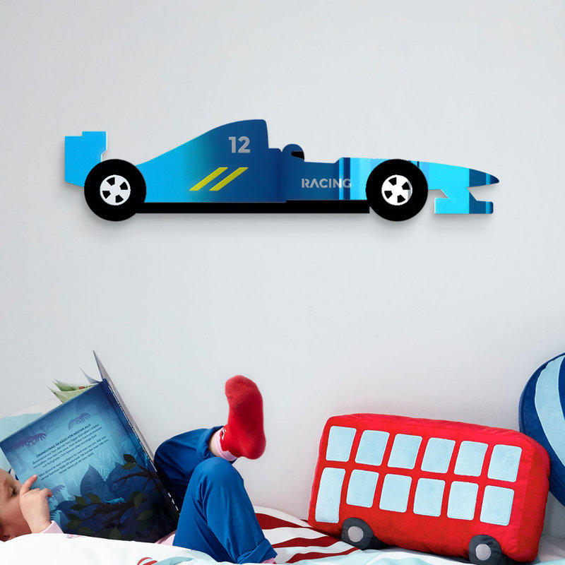 Décoration murale de voiture de course en miroir, Bleu, H 6 po x l 23 po x P 1 po