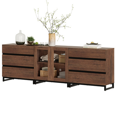 Commode 3 en 1 multifonctionnelle avec portes en verre et 6 tiroirs, commode moderne avec tablette réglable et base en métal, organisateurs de placard et armoire de rangement pour la chambre à coucher