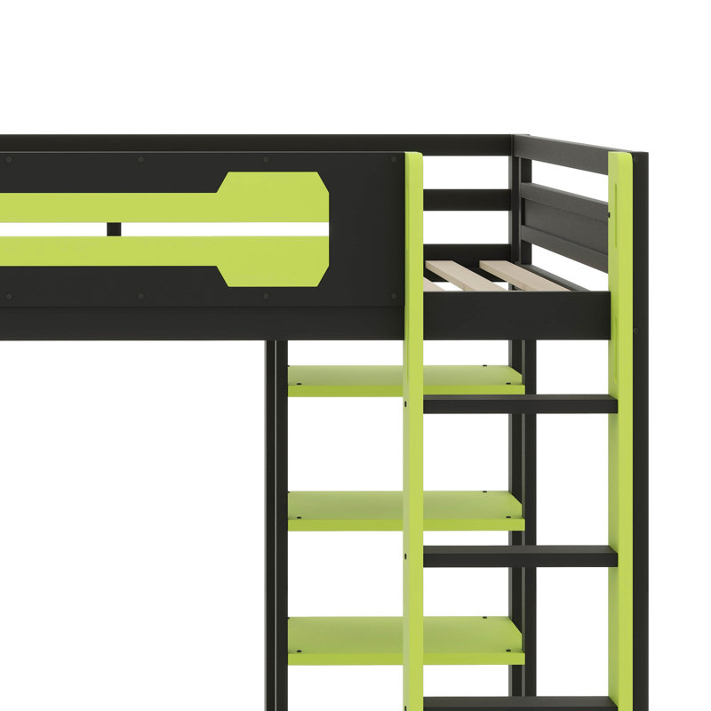 Lit mezzanine peu encombrant avec poste de travail, tablettes ouvertes, prises encastrées et éclairage ambiant, Noir et vert