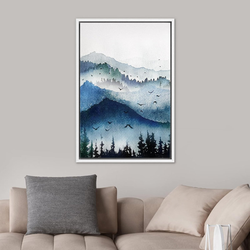 Paysage de forêt boisée «Watercolor Winter Mist Mountain Forest» sur toile, Cadre flottant blanc, H 24 po x l 16 po
