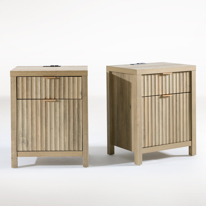 Arrilla 25" H Fluted 2-Drawer Nightstand with Built-In Outlets, Sand Oak