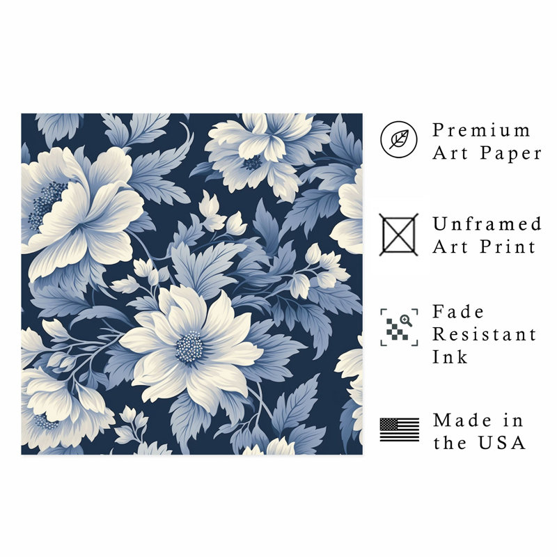 «Botanical Navy», style William Morris, motif damassé IV, reproduction d'art classique sans cadre