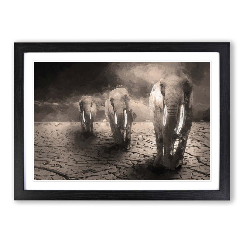 Trio of Elephants in Abstract - Picture Frame Graphic Art Print, 60cm H x 91cm W x 2cm D, Black