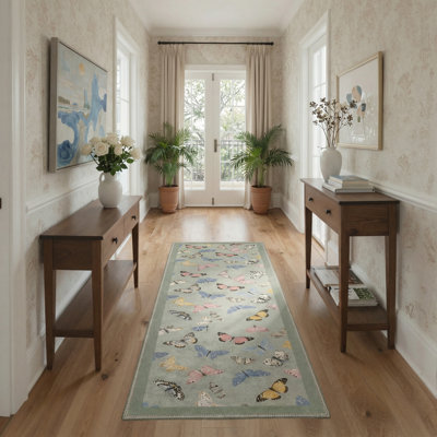 Aura Floral Butterfly Machine Washable Green / Blue / Pink / Yellow Indoor Area Rug with Non-Slip Backing