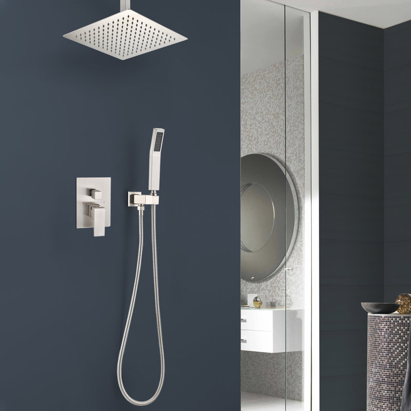 1 jet de 16 po Tête de douche à fixation au plafond fixe et à main 2,5 gallons par minute, Nickel brossé