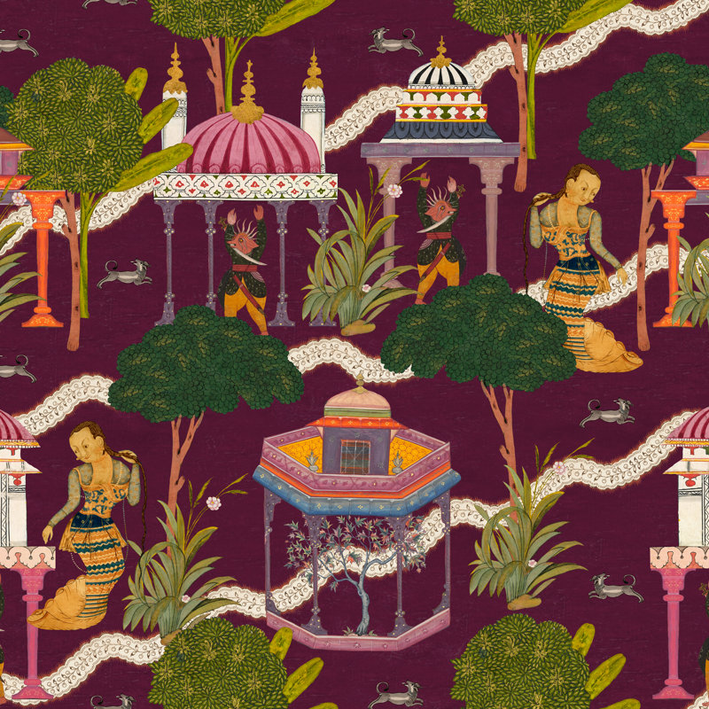 Tales Of Maghreb Wallpaper Roll, Green/Mauve/Pink/White