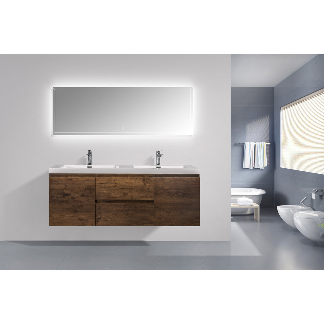  Angela 60" Dark Walnut Wall-Mounted Double Bathroom Vanity with Solid Surface Top TONA
