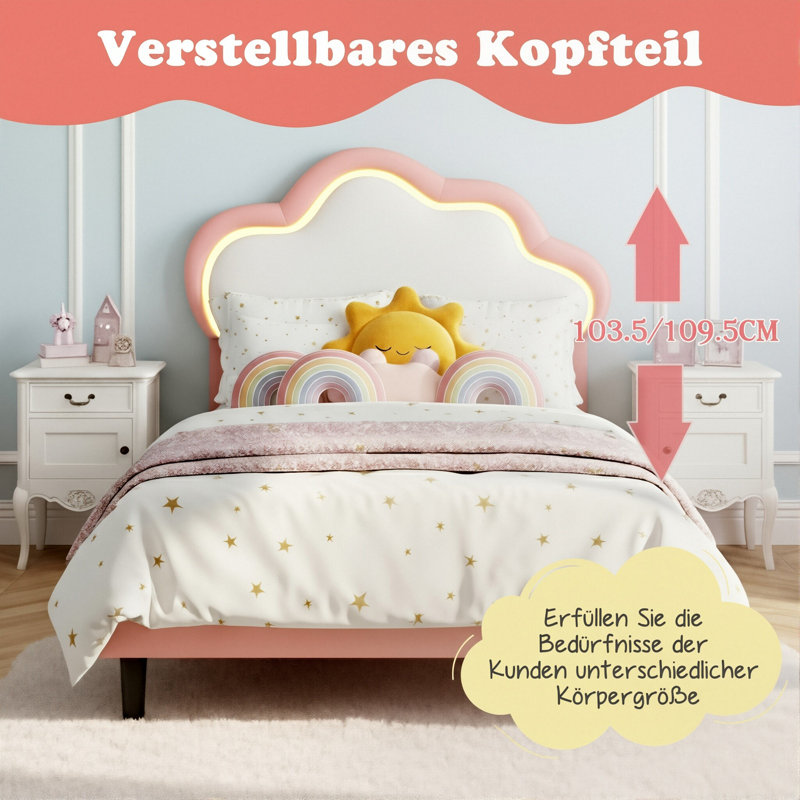 European Single (90X200cm) Children's Bed With LED Headboard, Upholstered Cloud Shaped Frame, Pink Faux Leather