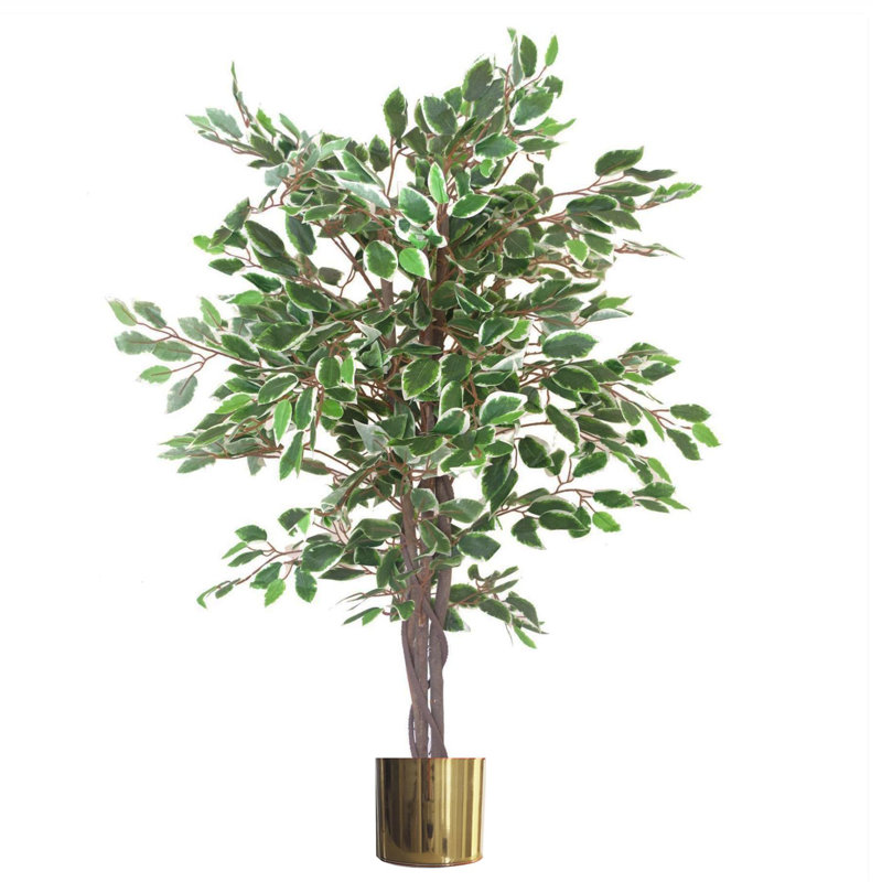 100cm Faux Ficus Tree in Metal Pot, Gold