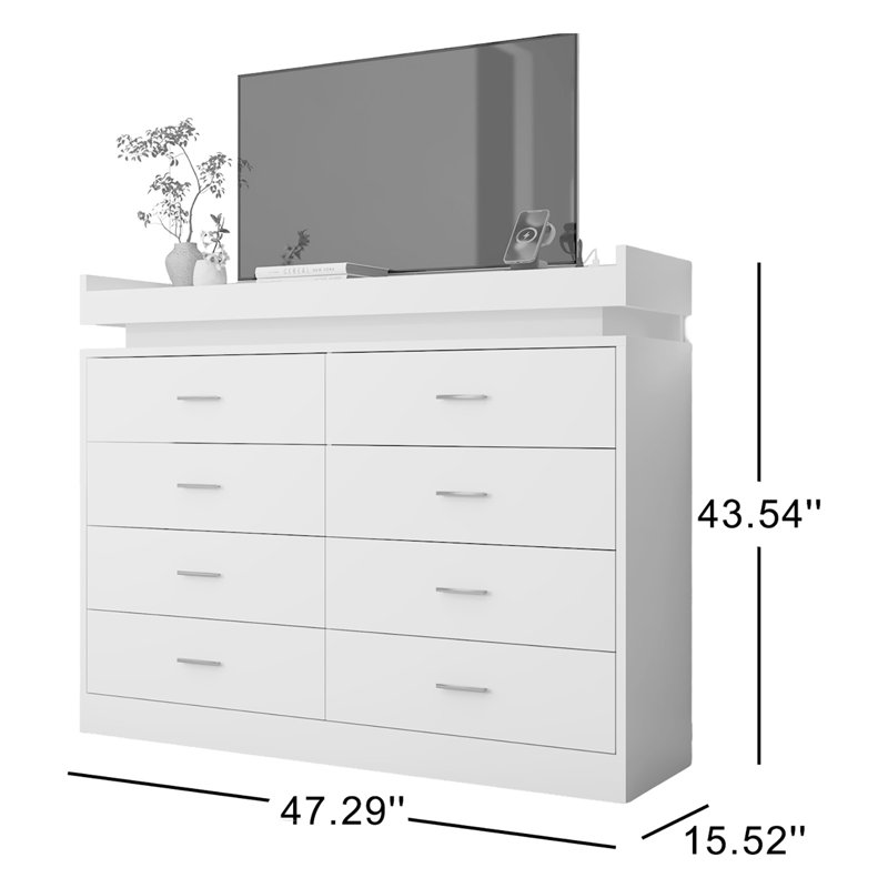 Commode 8 tiroirs l 47,29 po avec lumière DEL, douilles, port de type C et port USB, Noir