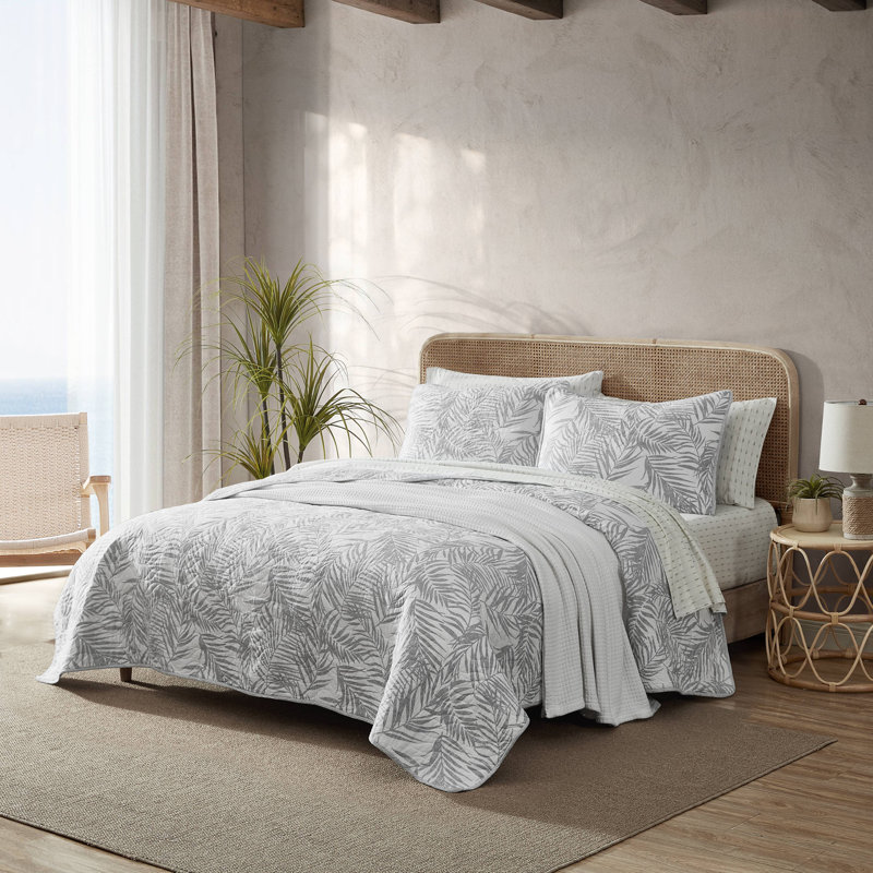 Tommy Bahama Palmday Cotton Reversible Quilt Set, Grey, King Quilt + 2 King Shams