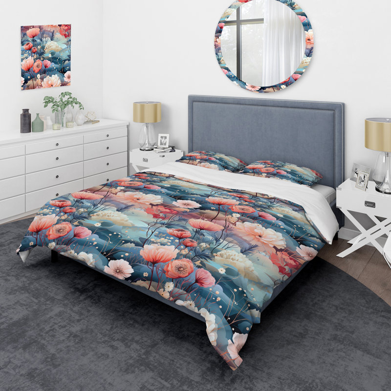 Ensemble de housse de couette à motif floral pêche et sarcelle sous l'eau, Housse de couette pour très grand lit et 2 très