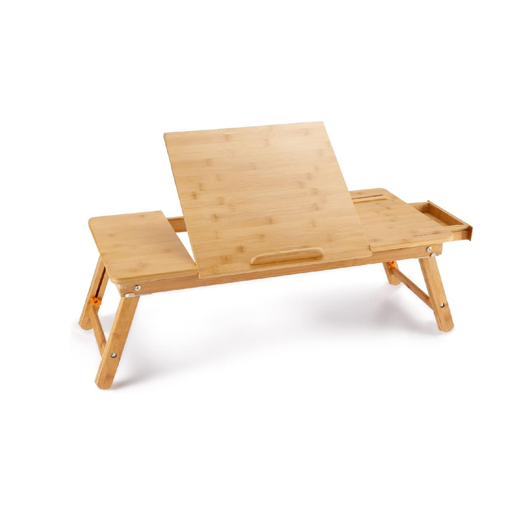 71cm Foldable Beige Bamboo Breakfast Laptop Tray with Tilting Desktop