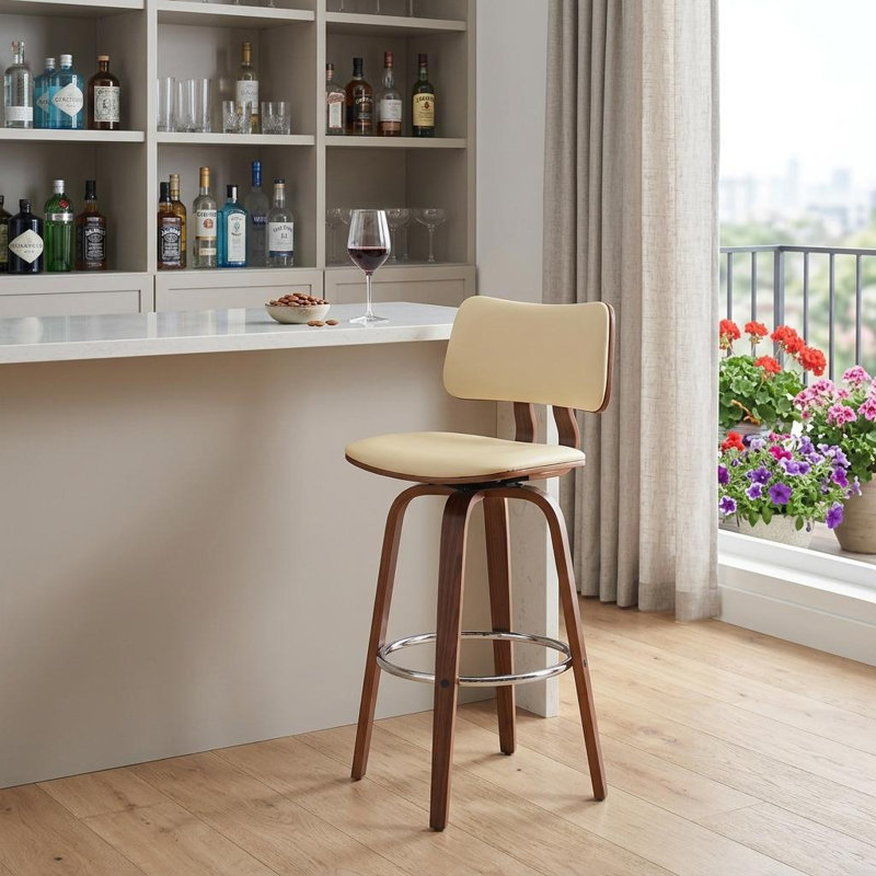 Tabouret pivotant en bois massif Aylis, Brun, Crème, crème, Tabouret de bar (siège d’une hauteur de 30 po)