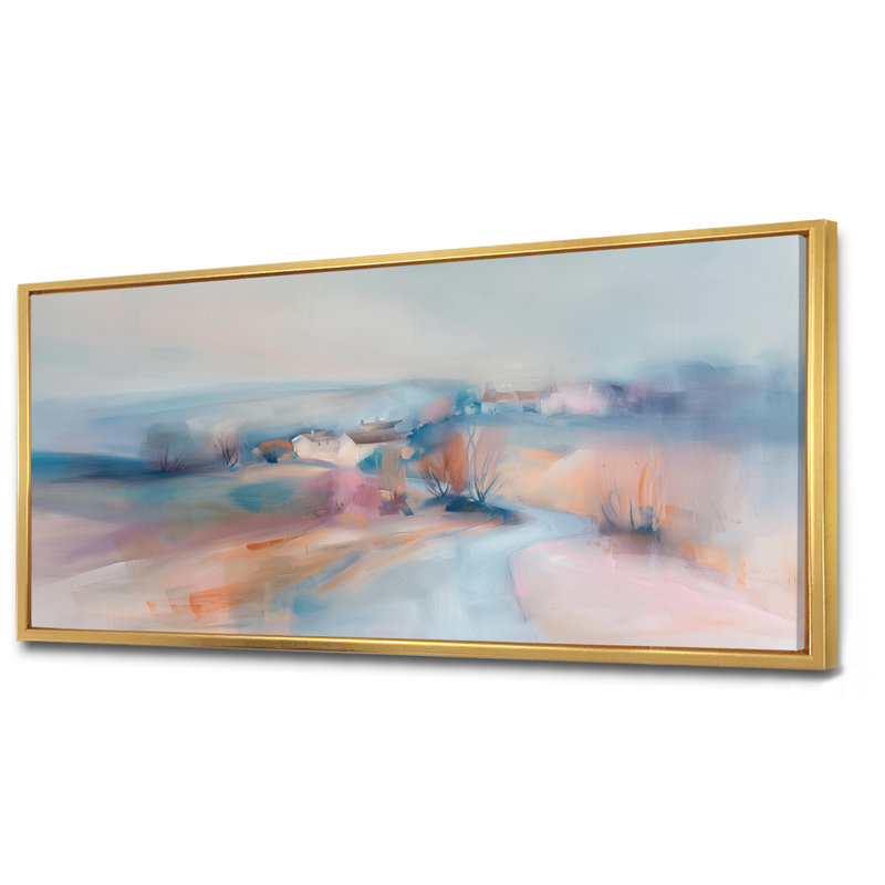 «Grey Pink Minimalisme Village Mirage II», reproduction d'art de ferme, Cadre flottant doré, H 28 po x l 60 po x P 1,5 po