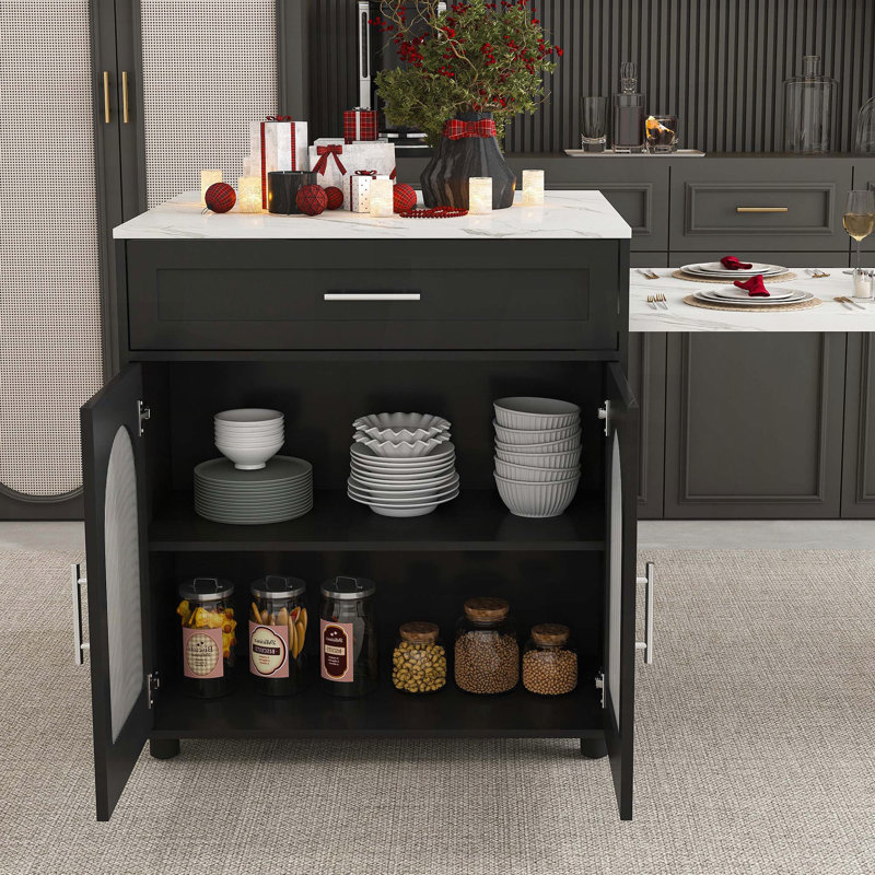 Îlot de cuisine extensible avec table de salle à manger - comptoir en grain de marbre 80 po, prise de courant, chariot de rangement avec armoire et tiroirs
