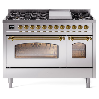 ILVE Nostalgie II Series 48 in. Dual Fuel Range with 8 Sealed Burners, Griddle (Liquid Propane, Glass Door)