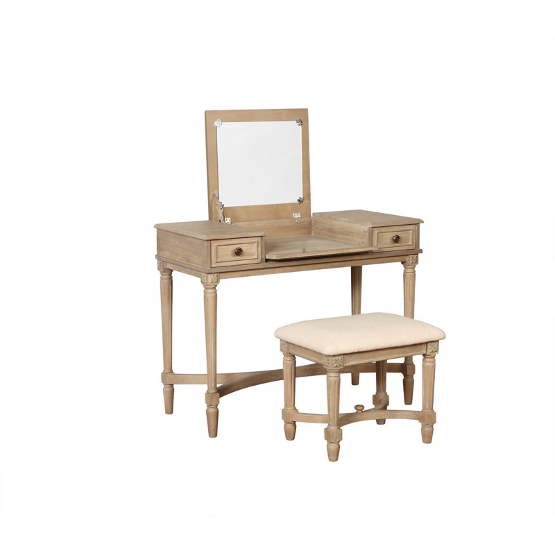 Cyndi Gray Wash Traditional Flip Top Vanity Set with Brass Accents