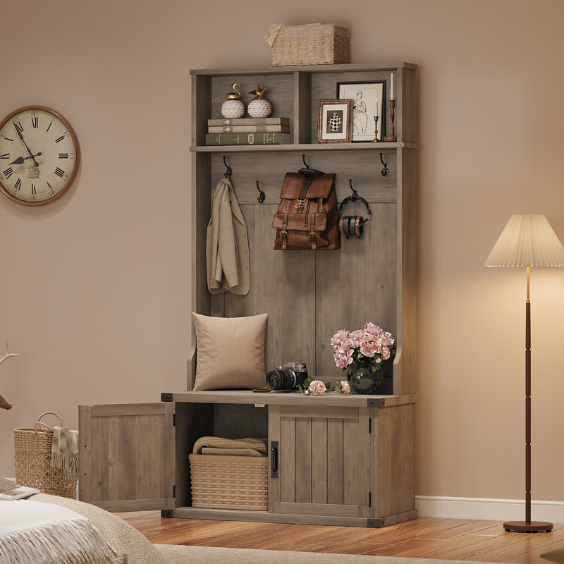 Porte-manteau extra large de style ferme avec banc, 195 cm (77 po), armoire de rangement pour chaussures, 5 crochets doubles, étagères réglables, gris