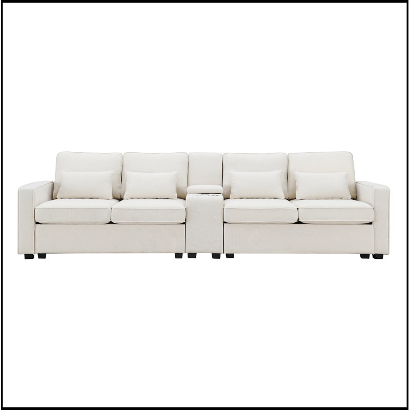 Canapé moderne en tissu de lin avec console et fonctions multiples pour le salon, Beige