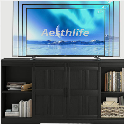 Meuble télé pour téléviseur 65 po, meuble télé Mid-Century avec portes de grange coulissantes, noir