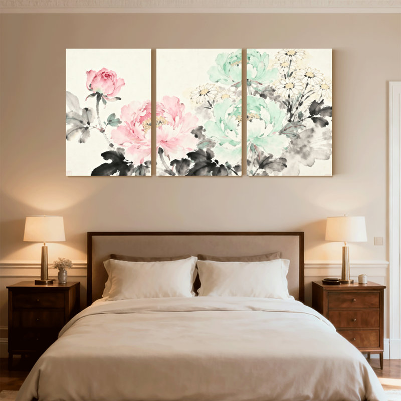 Plantes et fleurs roses et pivoines avec marguerites, ensemble de 3 impressions sur toile, H 24 po x l 48 po