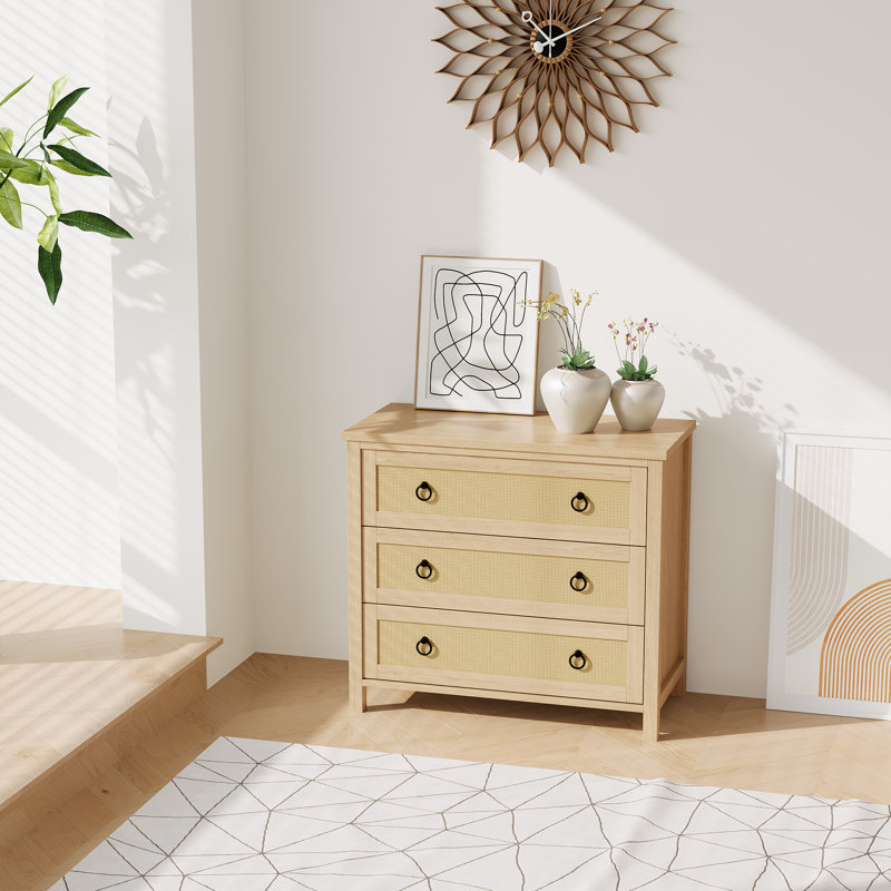 Oak Rattan Dresser, 3–7 Drawer Tall Storage Chest for Bedroom, Nursery, Living Room & Entryway, Large Wood Clothes Organizer