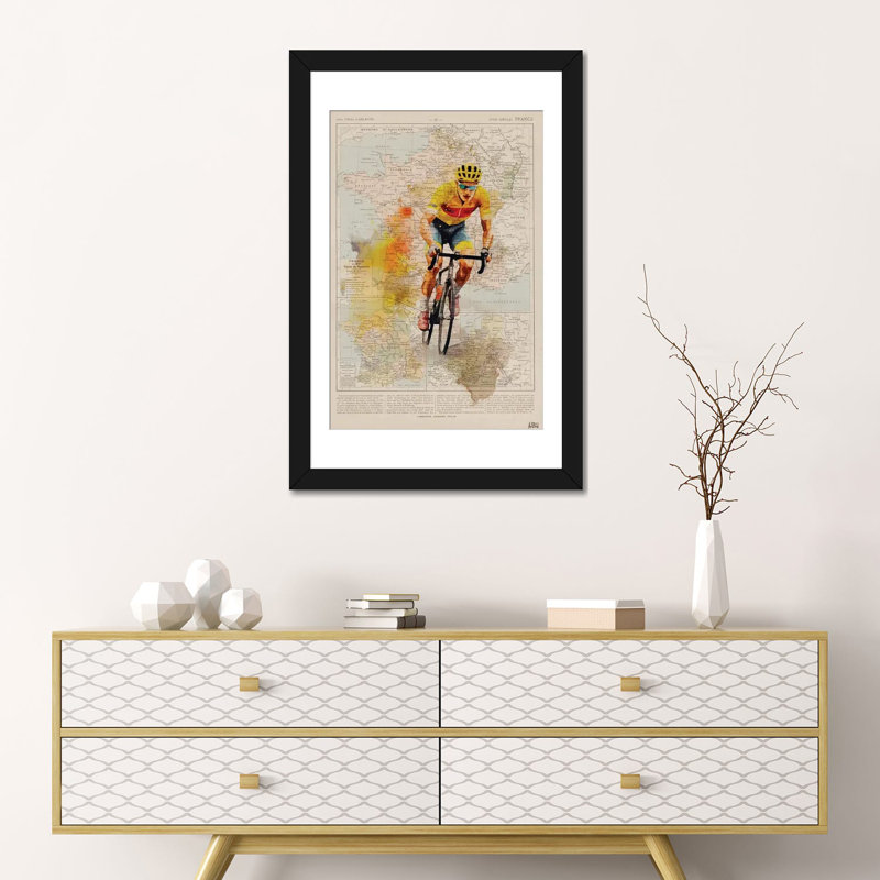 Tour de France, aquarelle, Papier avec cadre noir ouvert, Blanc, H 24 po x l 16 po x P 1 po