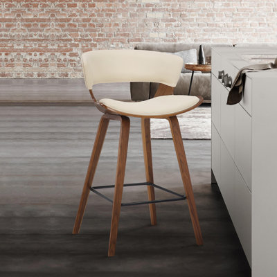 Allon Modern 26" Counter Height Bar Stool with Open Back and Footrest in Wood, Faux Leather